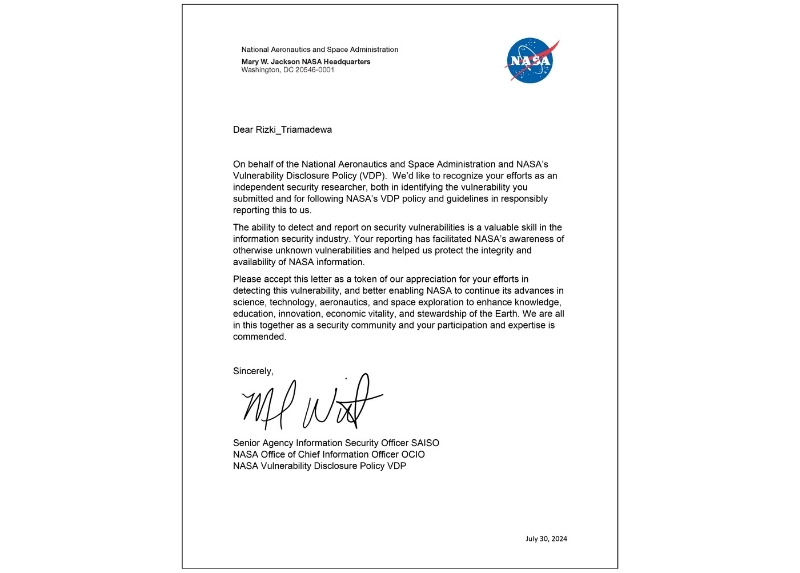 NASA Letter Appreciation